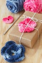 Handmade colorful crochet flowers and heart Royalty Free Stock Photo