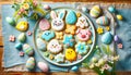 Handmade colorful easter cookies on table, top view