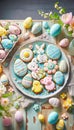 Handmade colorful easter cookies on table, top view