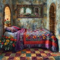 Handmade Colorful patchwork quilt on the bed Royalty Free Stock Photo