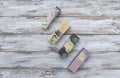 Handmade colorful soaps on wooden table background. Zero waste concept