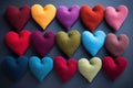 Handmade Colorful woolen hearts. Heart craft on table