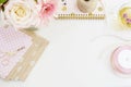Handmade, craft concept. Handmade goods for packaging - twine, ribbons. Feminine workplace concept. Freelance fashion femininity w Royalty Free Stock Photo