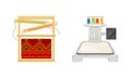 Handmade craft equipment and accessories set. Weaving carpet on handloom vector illustration