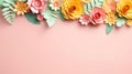 handmade crafted paper flowers on pink pastel color background with copy space