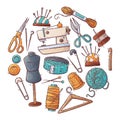 Handmade crafts. Set creative accessories, consumables and tools, hobbies workshop items. Sewing machine, yarn. Objects