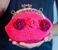 Young hand holds small pink purse with fuchsia flowers made in c