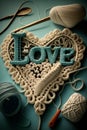 Handmade crochet heart with \'love\' lettering and crochet accessories