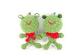 Handmade crochet two green frog doll on white background