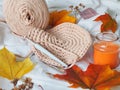 Handmade crochet wool, autumn colors and arrangement, crocheting Royalty Free Stock Photo