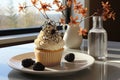 Handmade Cupcake delicately decorated in a minimalist environment., generative IA