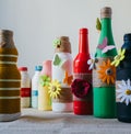 Handmade decorated bottles Royalty Free Stock Photo