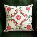 Handmade decorative pillow with rose embroidery.