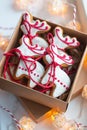 Handmade deer shaped gingerbread cookies in the carton box on the windowsill