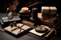 Handmade DIY paper products with dark leather and craft accessories