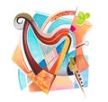 Handmade Celtic harp and country folk music instruments in a modern style colored with watercolors