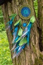 Handmade dream catcher with feathers threads and beads rope hanging Royalty Free Stock Photo