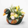 Handmade Easter composition - duck eggs flowers greens prepared for Easter, porcelain clay material Royalty Free Stock Photo