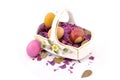 Hand coloured easter eggs in basket Royalty Free Stock Photo