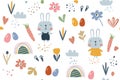 Handmade Easter pattern, rabbits, eggs and flowers, various elements in pastel colors