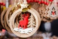 Handmade Eco style Christmas wooden decorations with deer and little bell