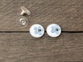 Handmade epoxy resin jewelry. forget-me-not flowers. earrings. on a wooden background
