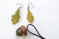 Handmade epoxy resin jewelry. oak leaf earrings. acorn pendant. Royalty Free Stock Photo