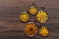 Handmade epoxy resin jewelry. pendant. calendula officinalis flower in copper frame. dried flowers. herbarium, oshibana,