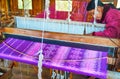 Handmade fabrics in textile workshop on Inle Lake, Myanmar Royalty Free Stock Photo