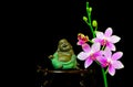 Spritual concept with laughing buddha figurine decorated with pink orchids Royalty Free Stock Photo