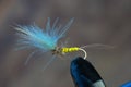Example of handmade fishing fly, fly tying