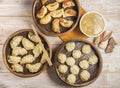 Handmade fried dumplings with steamed dumpling or momo served in wooden dish with Mixed soup chopsticks isolated on table top view