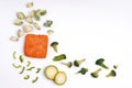 Handmade frozen semi-finished vegetable preparation. Chopped vegetables for quick cooking