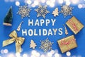 handmade gift boxes, decorative snowflakes, christmas tree Royalty Free Stock Photo