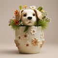 Handmade Glazed China Flowerpot With Dog Figurine - Exquisite Detail Royalty Free Stock Photo