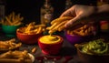 Handmade gourmet guacamole dip with savory spices and crispy fries generated by AI