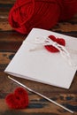 Handmade greetings card with red crochet heart for Saint Valenti Royalty Free Stock Photo