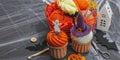 Handmade Halloween decor, crocheted concept. Traditional festive composition, funny seasonal props