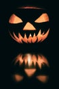 Handmade halloween pumpkin scary smile for party night on dark b