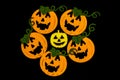 Handmade Halloween pumpkins isolated on black background. Sponge and wood pumpkins. Royalty Free Stock Photo