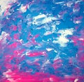 Handmade, hand drawn. Blue, pink, white, pastel grunge acrylic colors abstract texture painting on canvas background. Summer vibe.