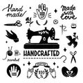 Handmade and handcrafted vector icons set - vintage elements in stamp style, sewing machine and hand made letterings Royalty Free Stock Photo