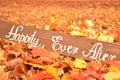 Handmade Happily Ever After sign in fallen Autumn leaves Royalty Free Stock Photo