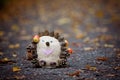 Handmade hedgehog, made from pine cones and sock filled with wooden scratches