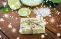 Handmade herbal soap bar on wood Royalty Free Stock Photo