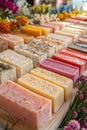 Handmade Herbal Soap Bars A Rustic Display of Colorful Soaps with Natural Ingredients.