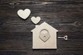 Handmade home symbol with lock-heart and key on wooden background with copy space. Royalty Free Stock Photo