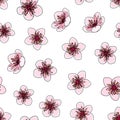 Handmade isolated vector cherry flowers with black outline, unfit pink colored and white background seamless pattern Royalty Free Stock Photo