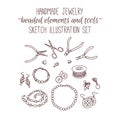 Handmade jewelry elements vector illustration set in sketch style