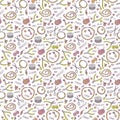 Handmade jewelry elements and tools vector seamless pattern. Hand drawn design texture in colors of white, grey, green and pink